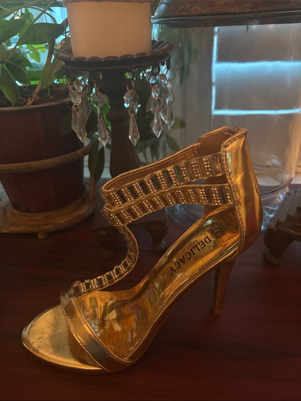 Delicacy Metallic Gold Crystal-Strap High Heels - Picture 6 of 10